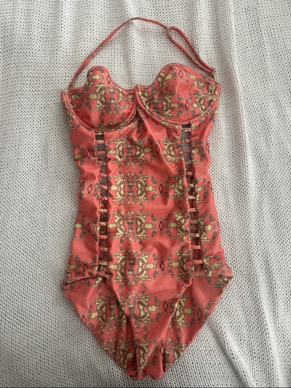 Tori Praver Coral and Yellow Patterned One-Piece Swimsuit